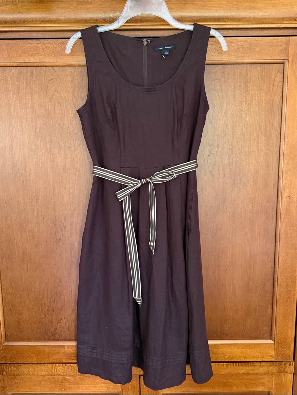 Banana Republic Brown Linen Sleeveless Midi Dress with Striped Tie Belt size 6